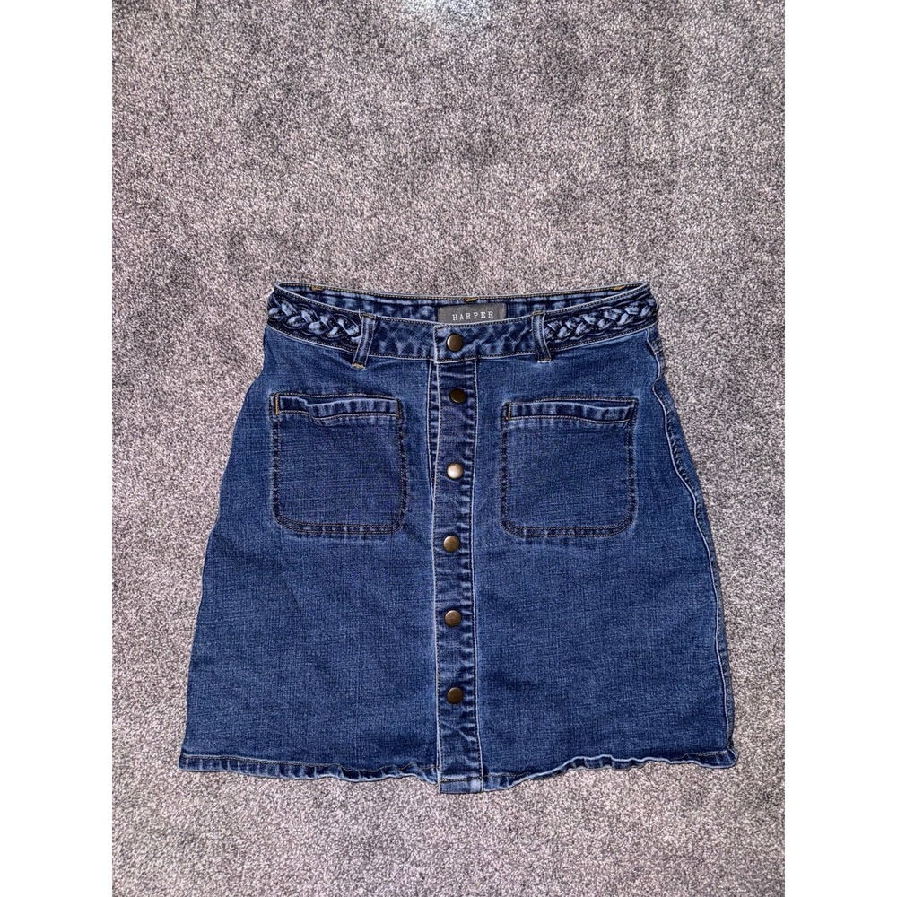 Francesca's Harper Blue Denim Snap‎ Front Skirt w/ Braided Belt